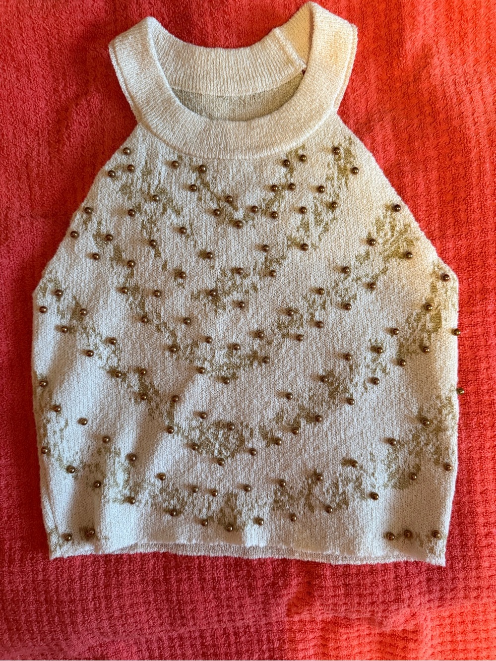 Beaded Cream Off-the-Shoulder Sweater Tank